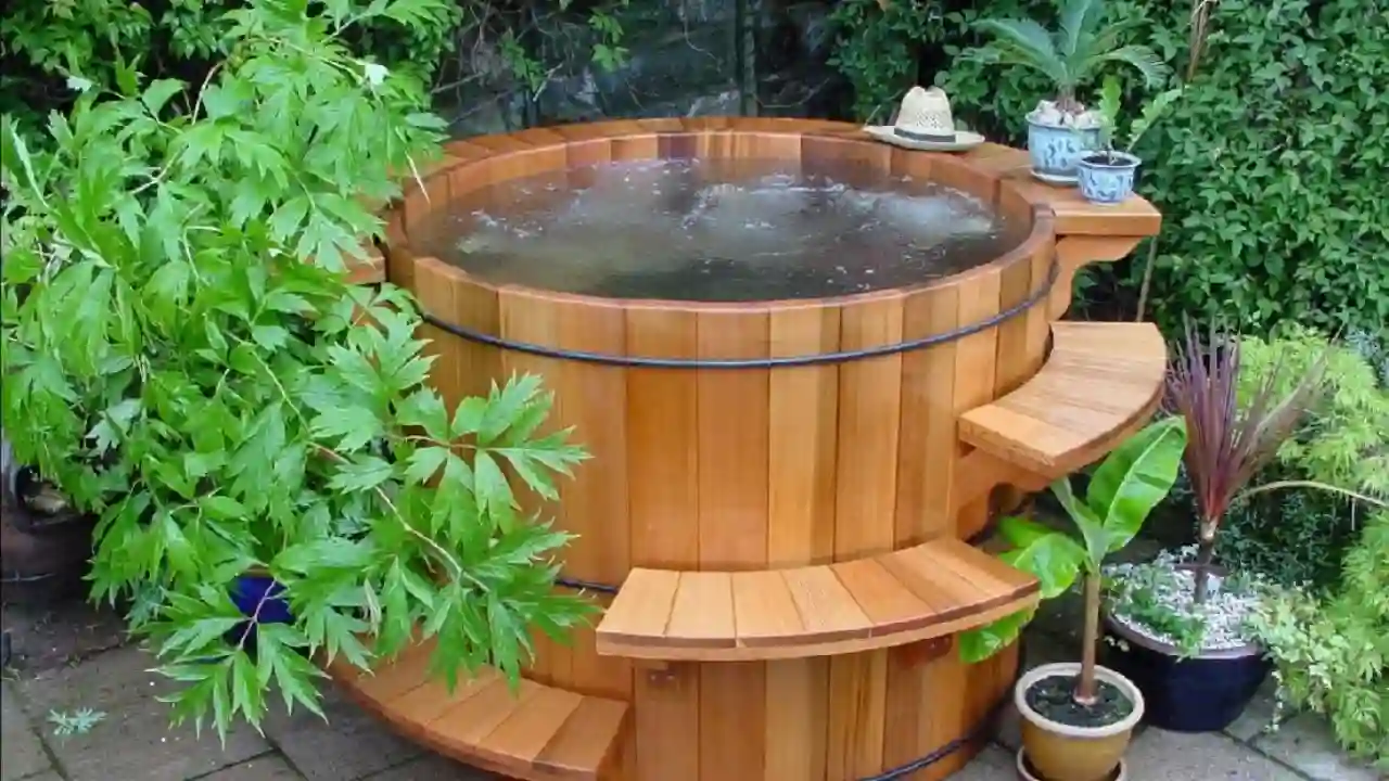 Small outdoor wooden bathtub