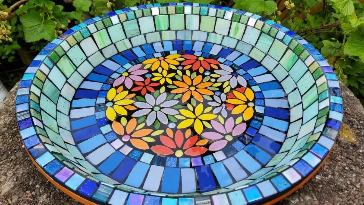 Mosaic garden birdbath